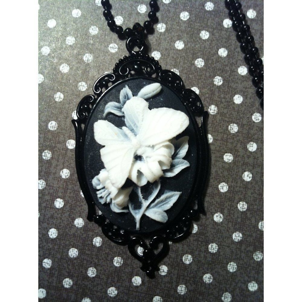 Gothic Wedding Birthday Anniversary Black White Butterfly Flower Cameo Necklace